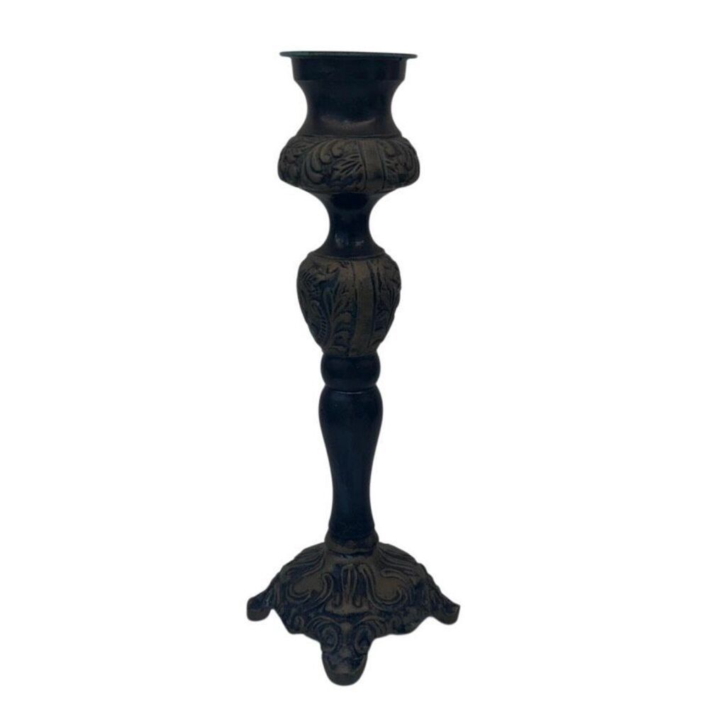Vtg Made In India Pillar Candlestick Holder Green & Gray Footed Verdigris Trim